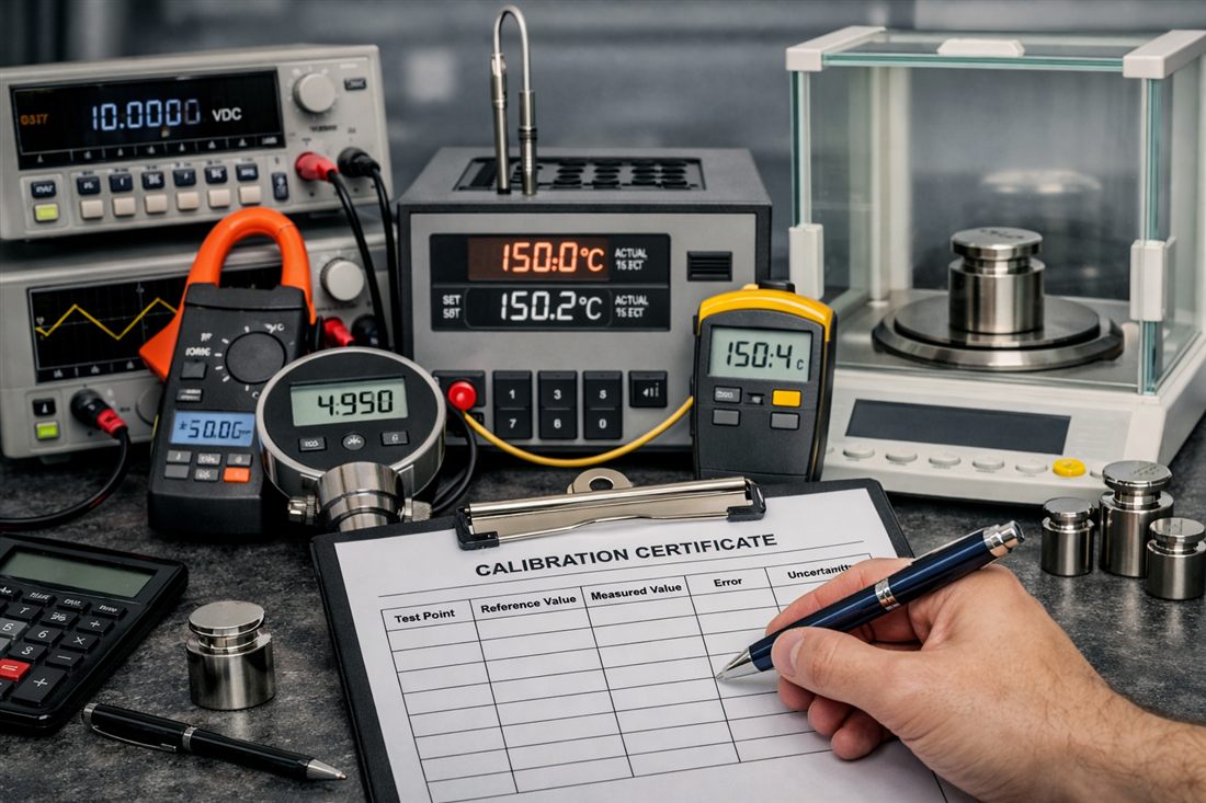 Instrument calibration — multimeter, temperature calibrator, analytical balance, test weights and calibration certificate